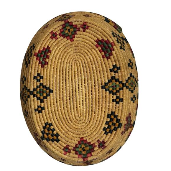 Native American Coil Woven Oval Basket Hand Woven Tray Basket Indigenous 11x8\